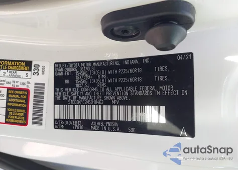 2021 Toyota Sienna Xse z USA, uszkodzony, nr VIN 5TDDSKFC2MS018463